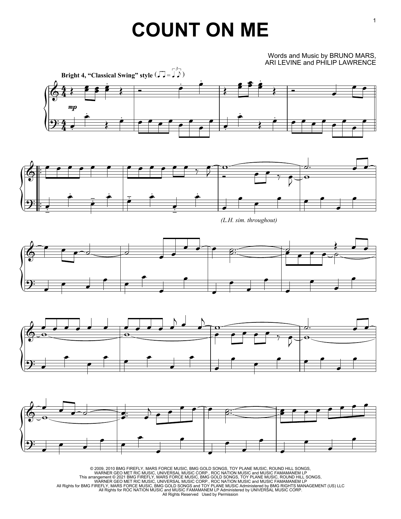 Bruno Mars Count On Me [Classical version] Sheet Music Notes & Chords for Piano Solo - Download or Print PDF