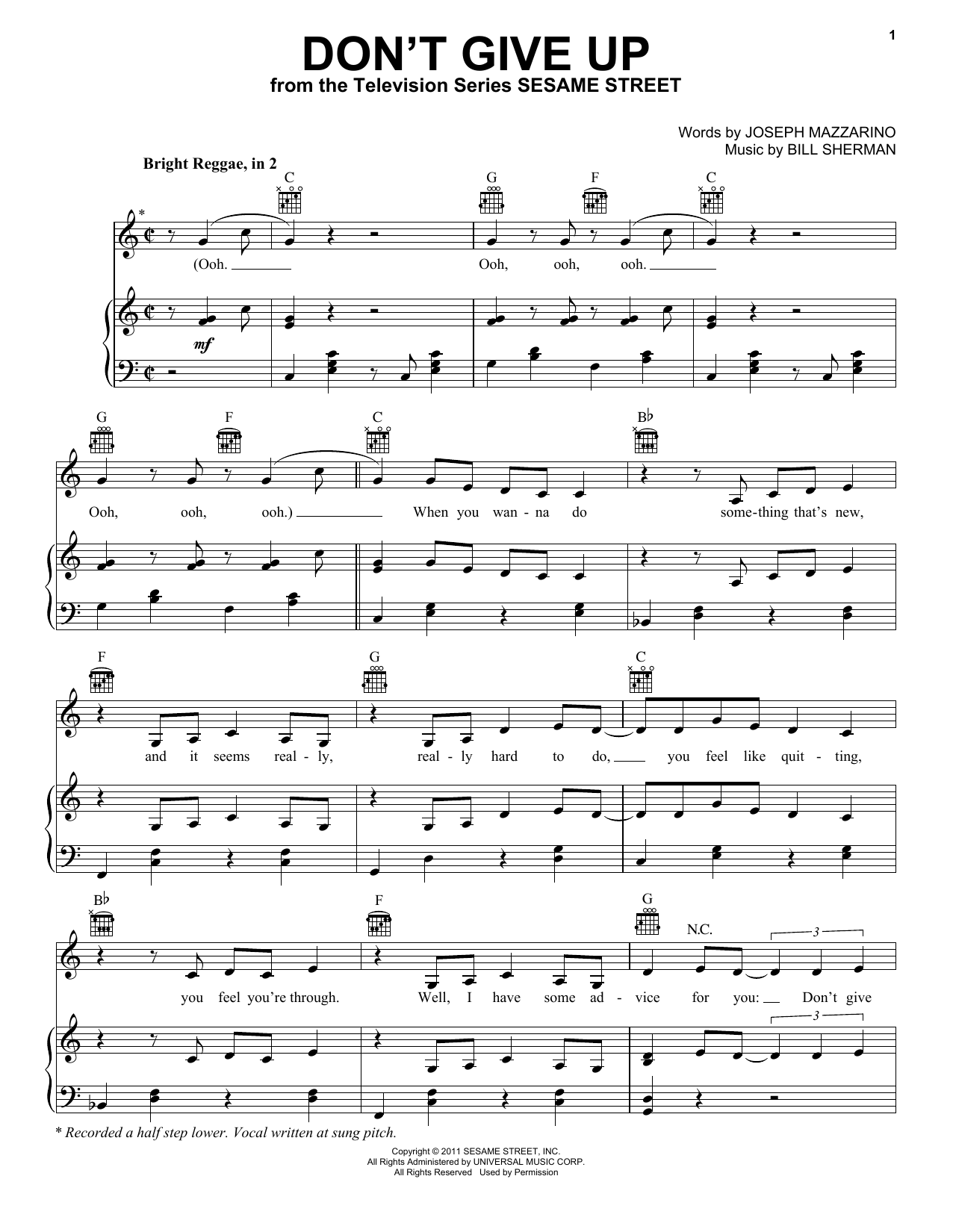 Bruno Mars Don't Give Up (from Sesame Street) Sheet Music Notes & Chords for Piano, Vocal & Guitar (Right-Hand Melody) - Download or Print PDF