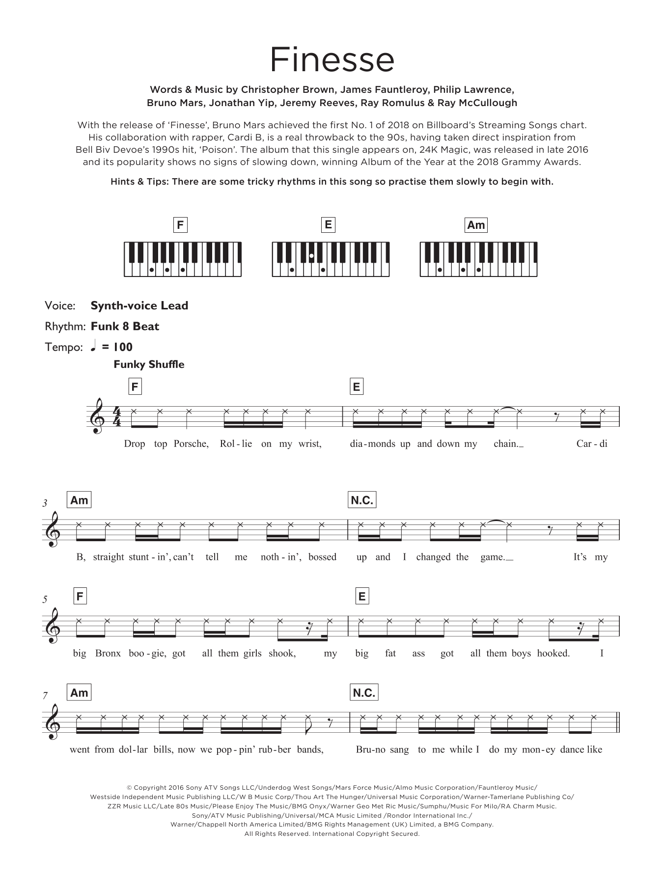 Bruno Mars Finesse (featuring Cardi B) Sheet Music Notes & Chords for Beginner Piano - Download or Print PDF