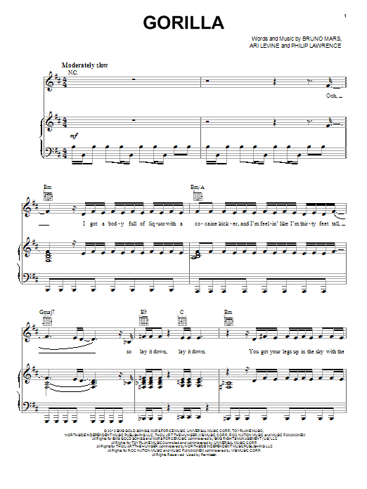Bruno Mars Gorilla Sheet Music Notes & Chords for Easy Guitar Tab - Download or Print PDF