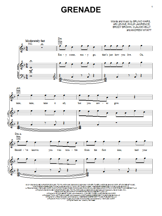 Bruno Mars Grenade Sheet Music Notes & Chords for Clarinet - Download or Print PDF