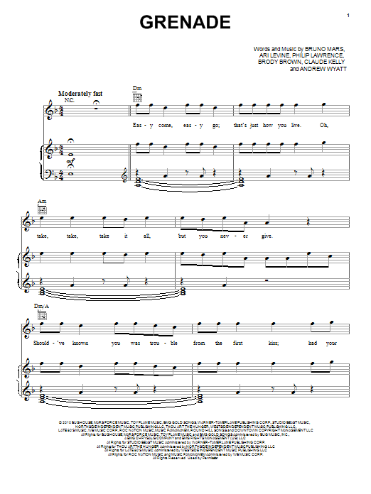 Bruno Mars Grenade Sheet Music Notes & Chords for Piano - Download or Print PDF
