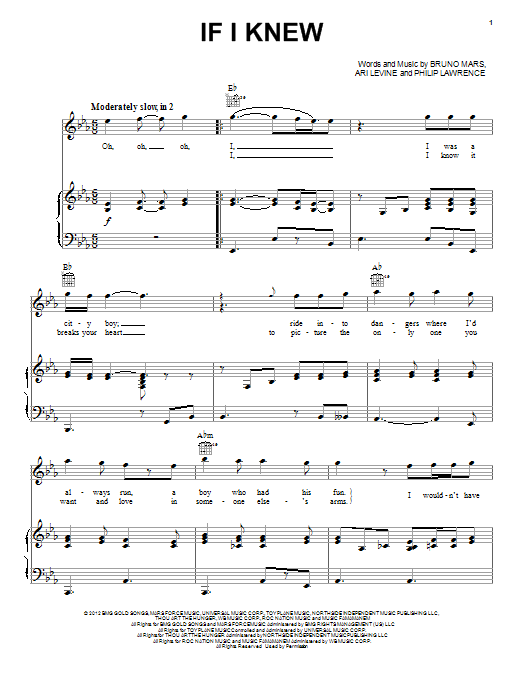 Bruno Mars If I Knew Sheet Music Notes & Chords for Lyrics & Chords - Download or Print PDF