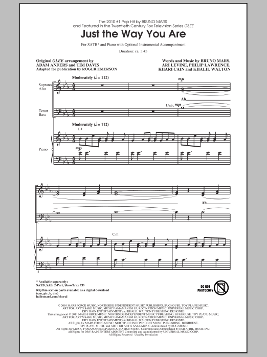 Bruno Mars Just The Way You Are (from Glee) (arr. Roger Emerson) Sheet Music Notes & Chords for SAB - Download or Print PDF