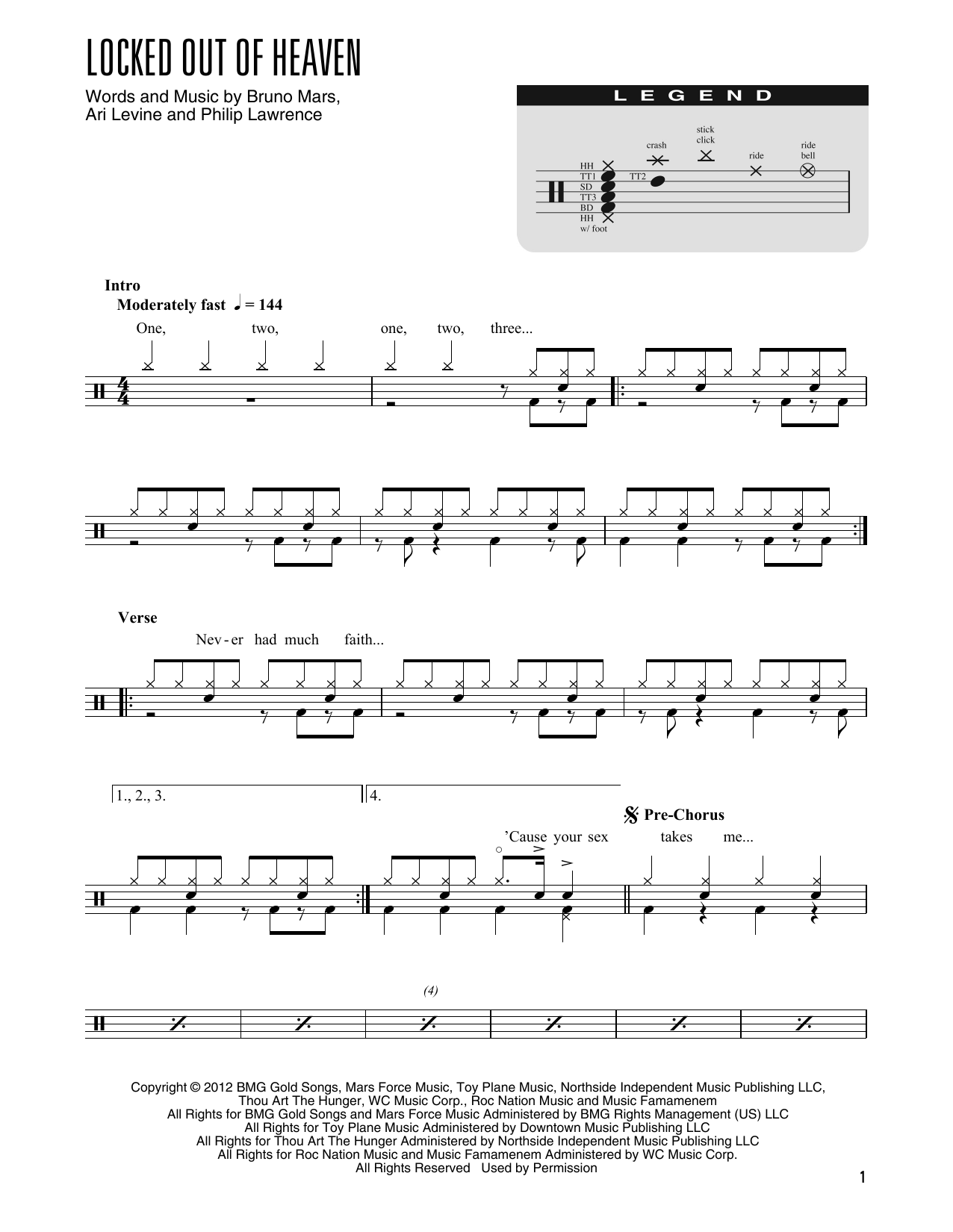 Bruno Mars Locked Out Of Heaven (arr. Kennan Wylie) Sheet Music Notes & Chords for Drums Transcription - Download or Print PDF