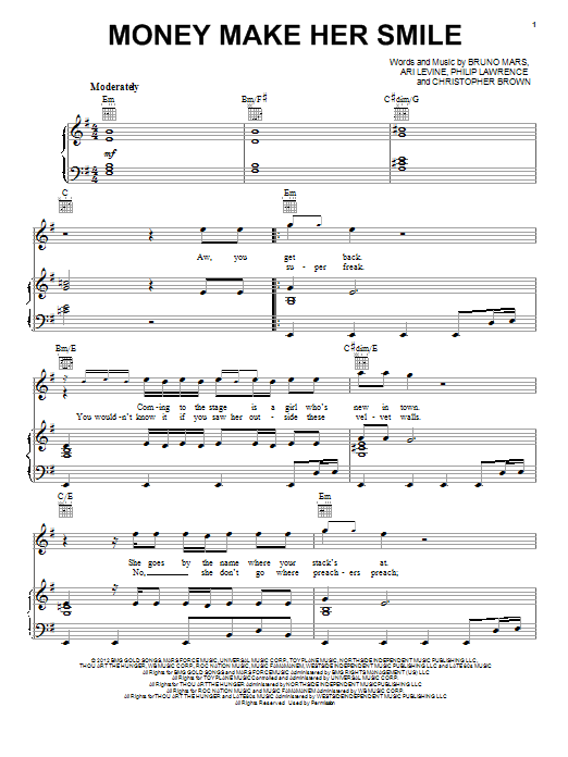 Bruno Mars Money Make Her Smile Sheet Music Notes & Chords for Easy Piano - Download or Print PDF