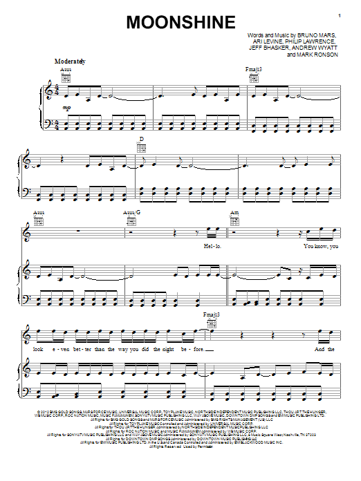 Bruno Mars Moonshine Sheet Music Notes & Chords for Piano, Vocal & Guitar (Right-Hand Melody) - Download or Print PDF
