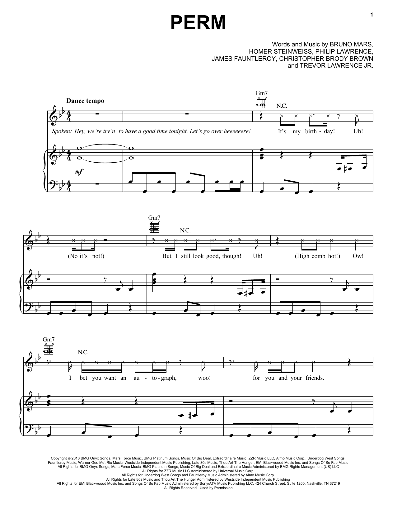 Bruno Mars Perm Sheet Music Notes & Chords for Piano, Vocal & Guitar (Right-Hand Melody) - Download or Print PDF