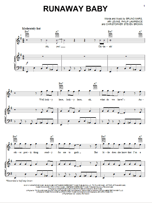 Bruno Mars Runaway Baby Sheet Music Notes & Chords for Easy Guitar Tab - Download or Print PDF