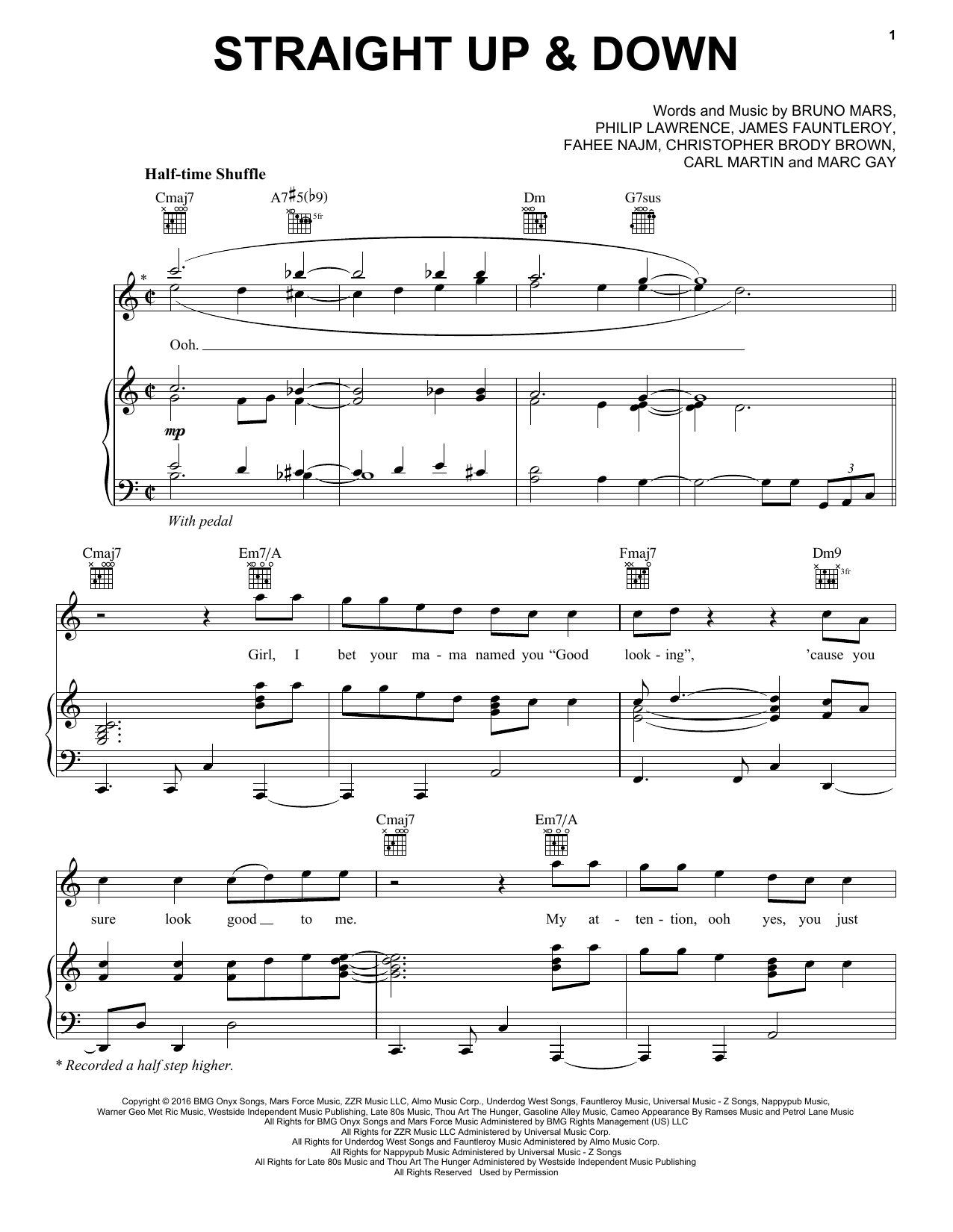 Bruno Mars Straight Up & Down Sheet Music Notes & Chords for Piano, Vocal & Guitar (Right-Hand Melody) - Download or Print PDF