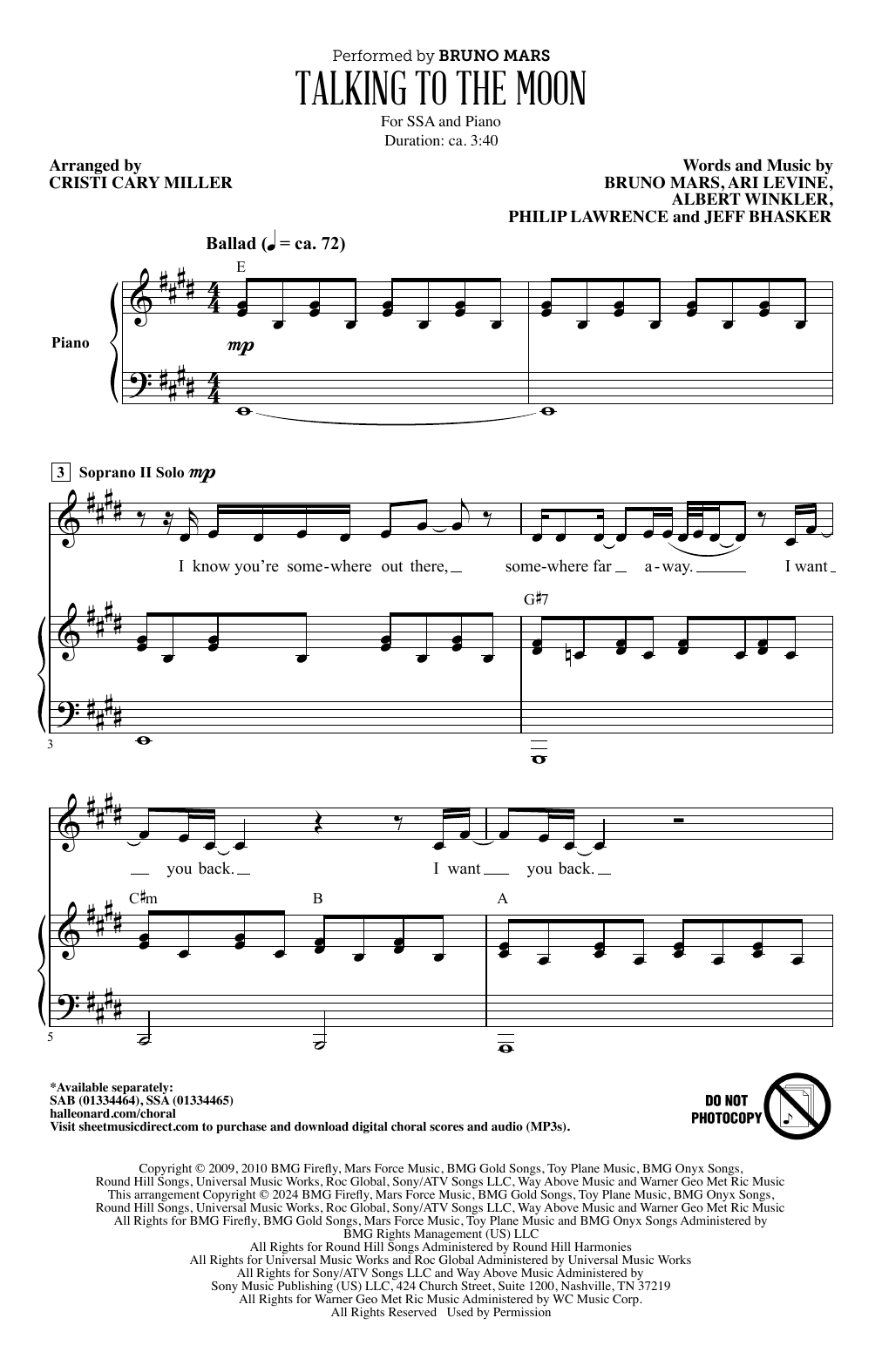 Bruno Mars Talking To The Moon (arr. Cristi Cary Miller) Sheet Music Notes & Chords for SAB Choir - Download or Print PDF