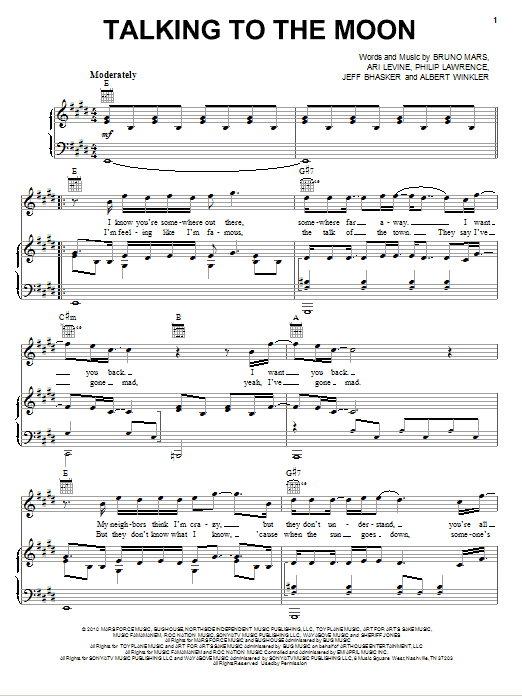 Bruno Mars Talking To The Moon Sheet Music Notes & Chords for Easy Guitar Tab - Download or Print PDF