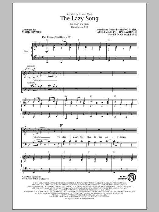 Bruno Mars The Lazy Song (arr. Mark Brymer) Sheet Music Notes & Chords for TBB - Download or Print PDF