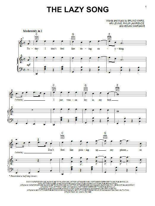 Bruno Mars The Lazy Song Sheet Music Notes & Chords for Piano, Vocal & Guitar (Right-Hand Melody) - Download or Print PDF
