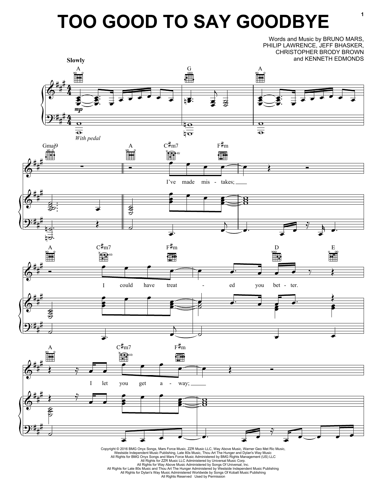 Bruno Mars Too Good To Say Goodbye Sheet Music Notes & Chords for Piano, Vocal & Guitar (Right-Hand Melody) - Download or Print PDF