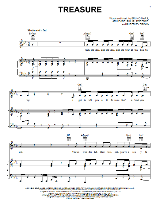 Bruno Mars Treasure Sheet Music Notes & Chords for Lyrics & Chords - Download or Print PDF