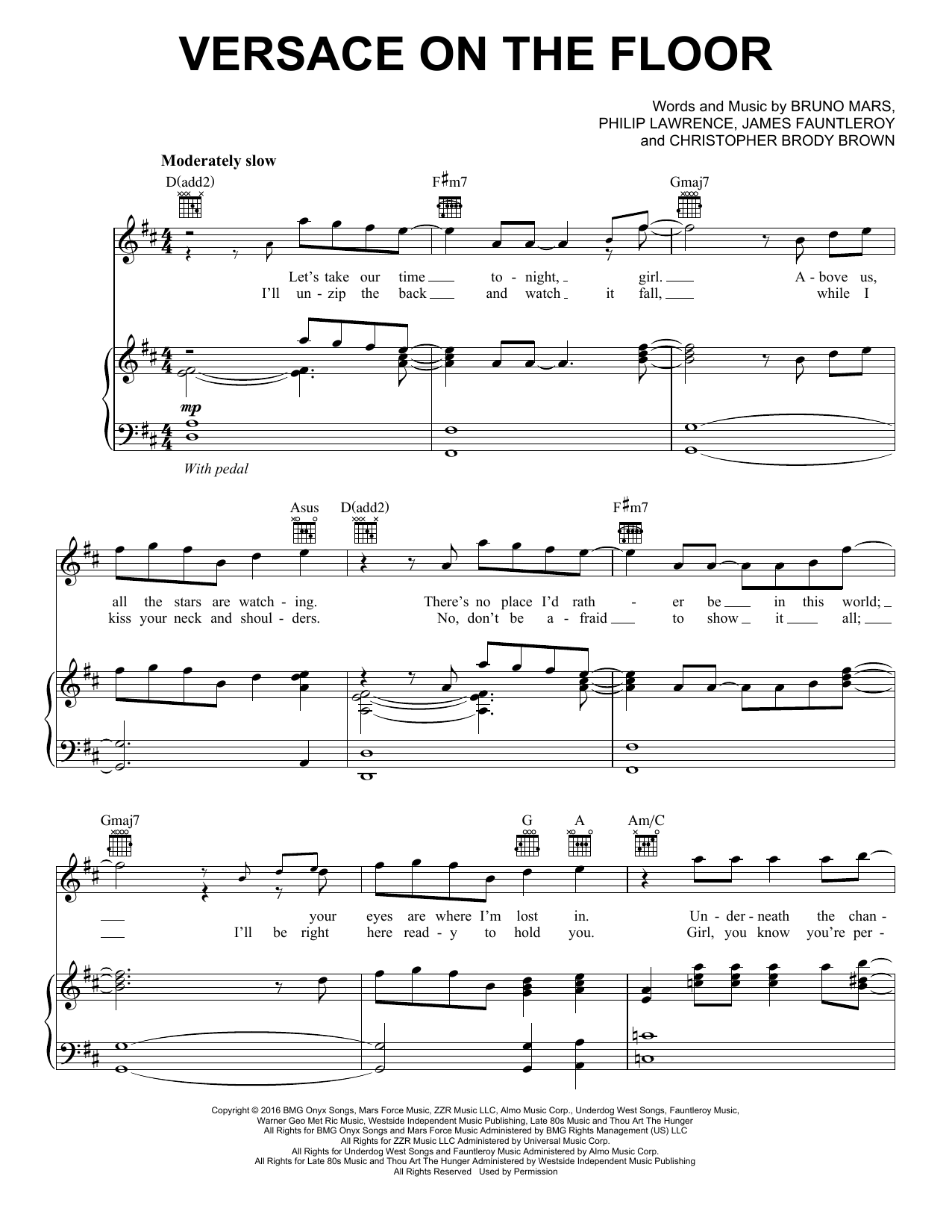 Bruno Mars Versace On The Floor Sheet Music Notes & Chords for Piano, Vocal & Guitar (Right-Hand Melody) - Download or Print PDF