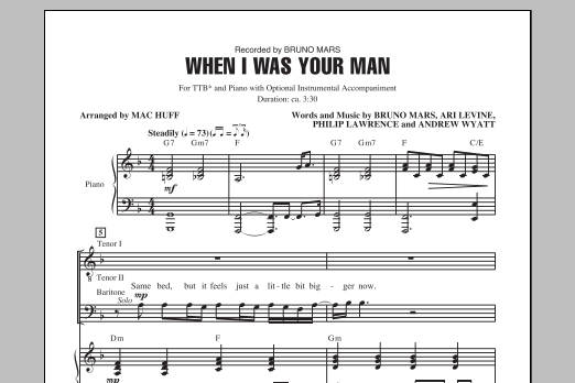 Bruno Mars When I Was Your Man (arr. Mac Huff) Sheet Music Notes & Chords for TTBB - Download or Print PDF