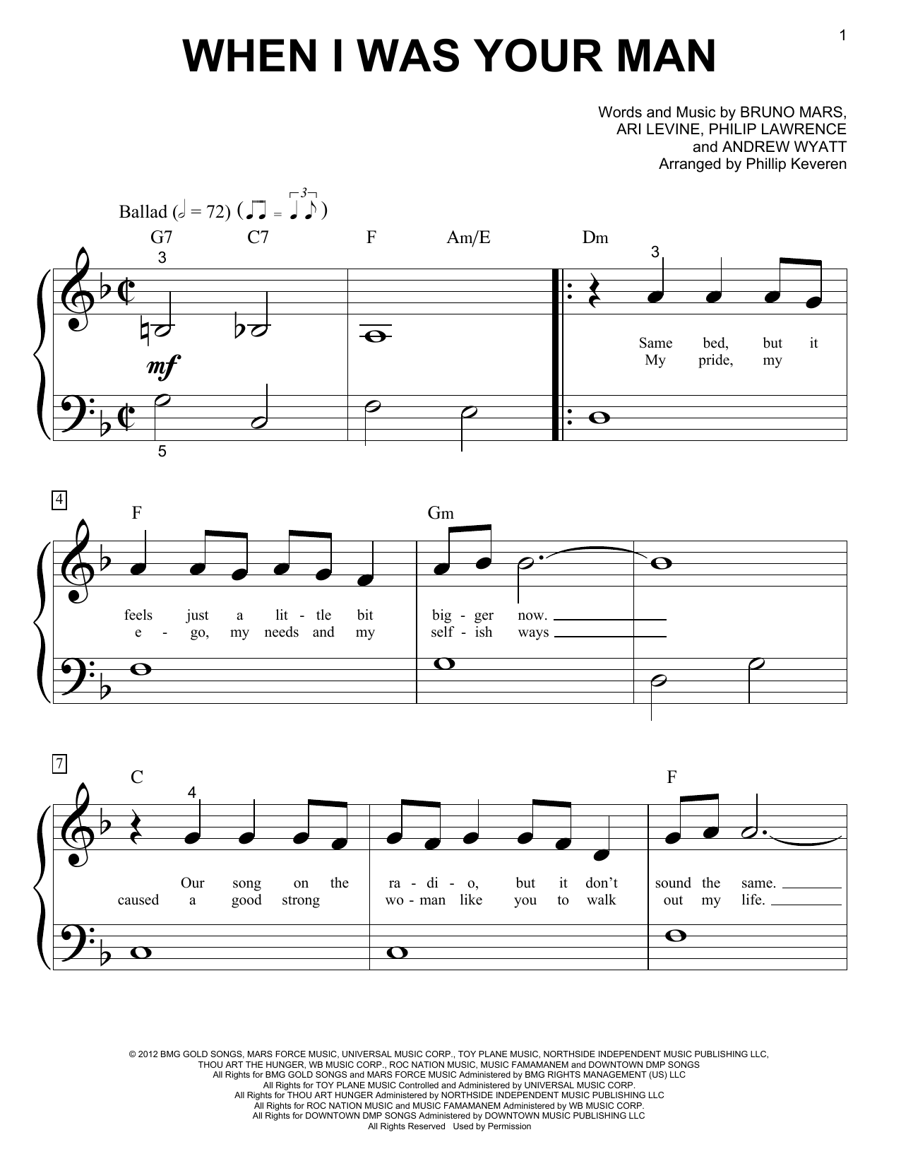 Bruno Mars When I Was Your Man Sheet Music Notes & Chords for Piano (Big Notes) - Download or Print PDF