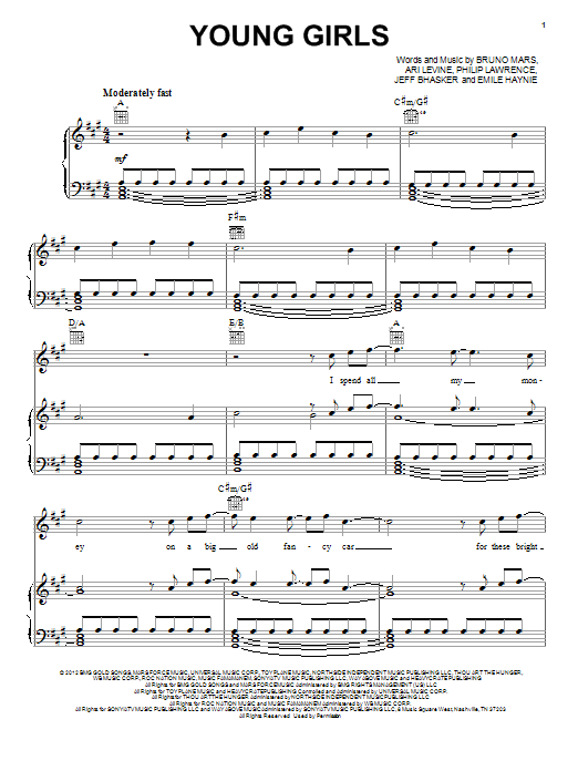 Bruno Mars Young Girls Sheet Music Notes & Chords for Easy Guitar Tab - Download or Print PDF