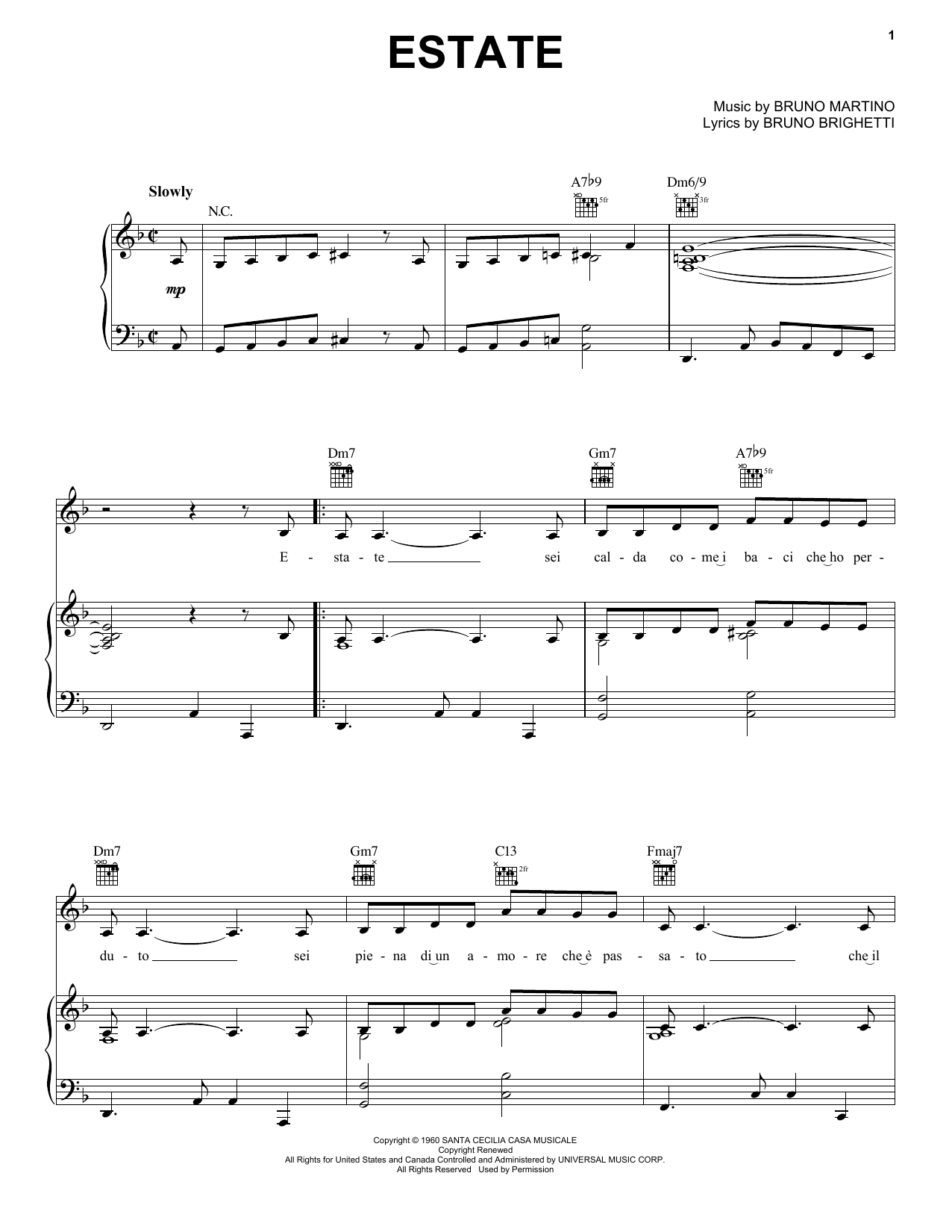 Bruno Martino Estate Sheet Music Notes & Chords for Lyrics & Chords - Download or Print PDF