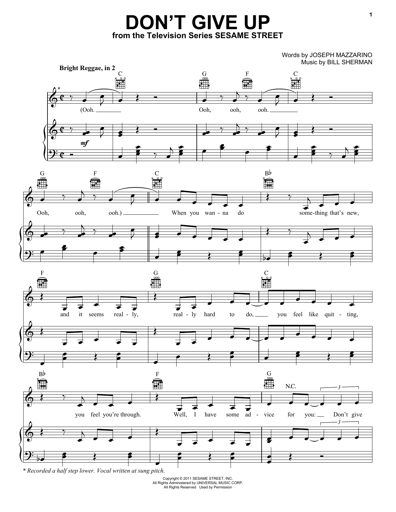 Preview Bruno Mars Don't Give Up (from Sesame Street) Children sheet music, notes and chords for Piano, Vocal & Guitar (Right-Hand Melody), SKU: 487488 Don't Give Up (from Sesame Street) sheet music