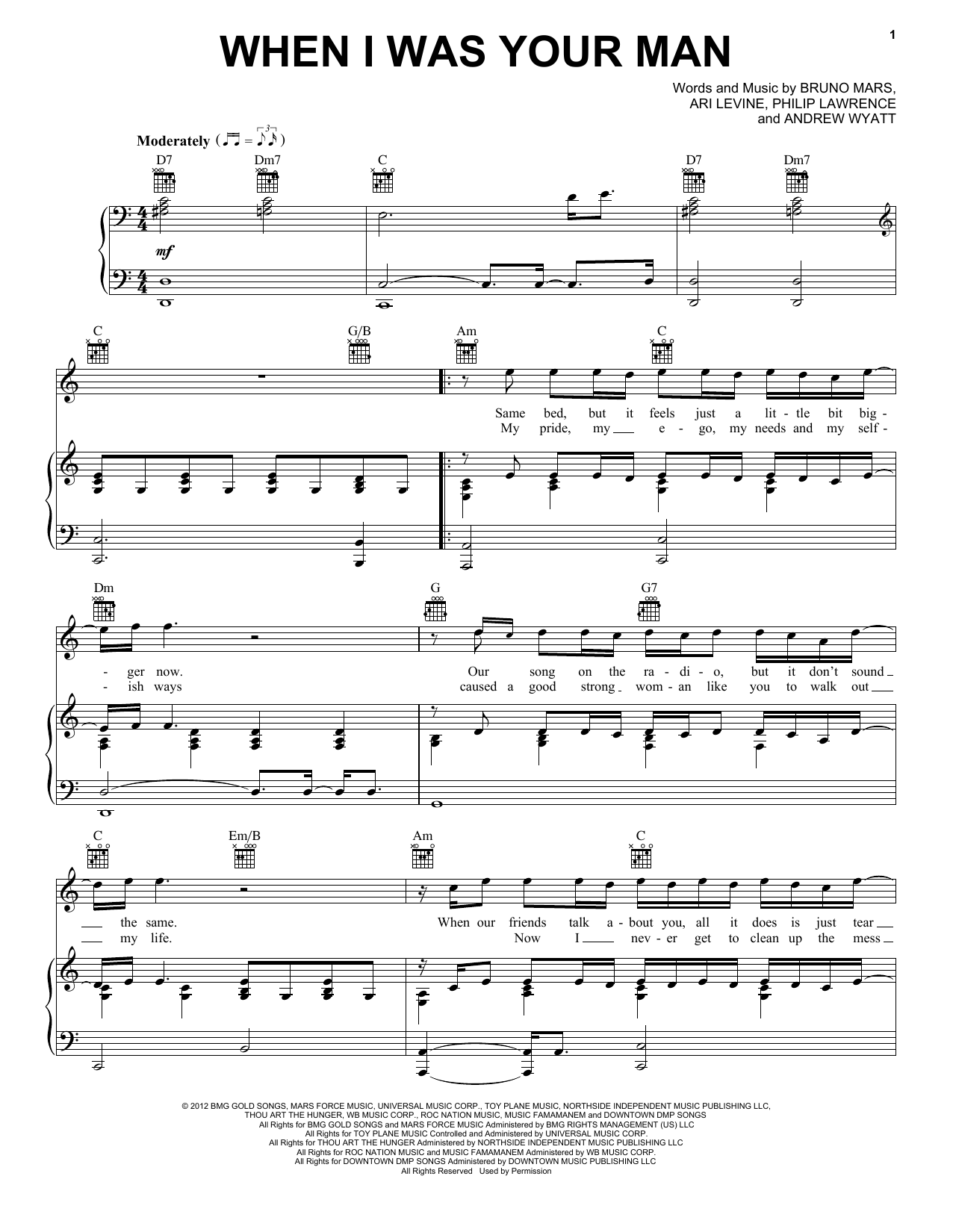 Bruno Mars When I Was Your Man Sheet Music Download Pdf Score 95337