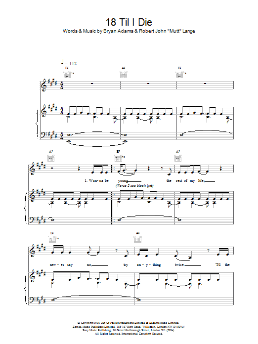 Bryan Adams 18 'Til I Die Sheet Music Notes & Chords for Lyrics & Chords - Download or Print PDF