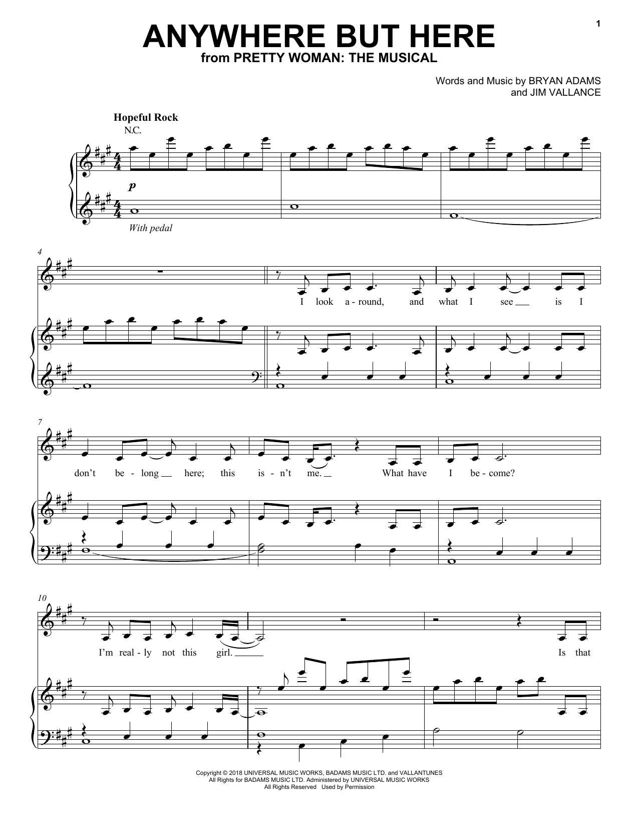 Bryan Adams & Jim Vallance Anywhere But Here (from Pretty Woman: The Musical) Sheet Music Notes & Chords for Piano, Vocal & Guitar (Right-Hand Melody) - Download or Print PDF