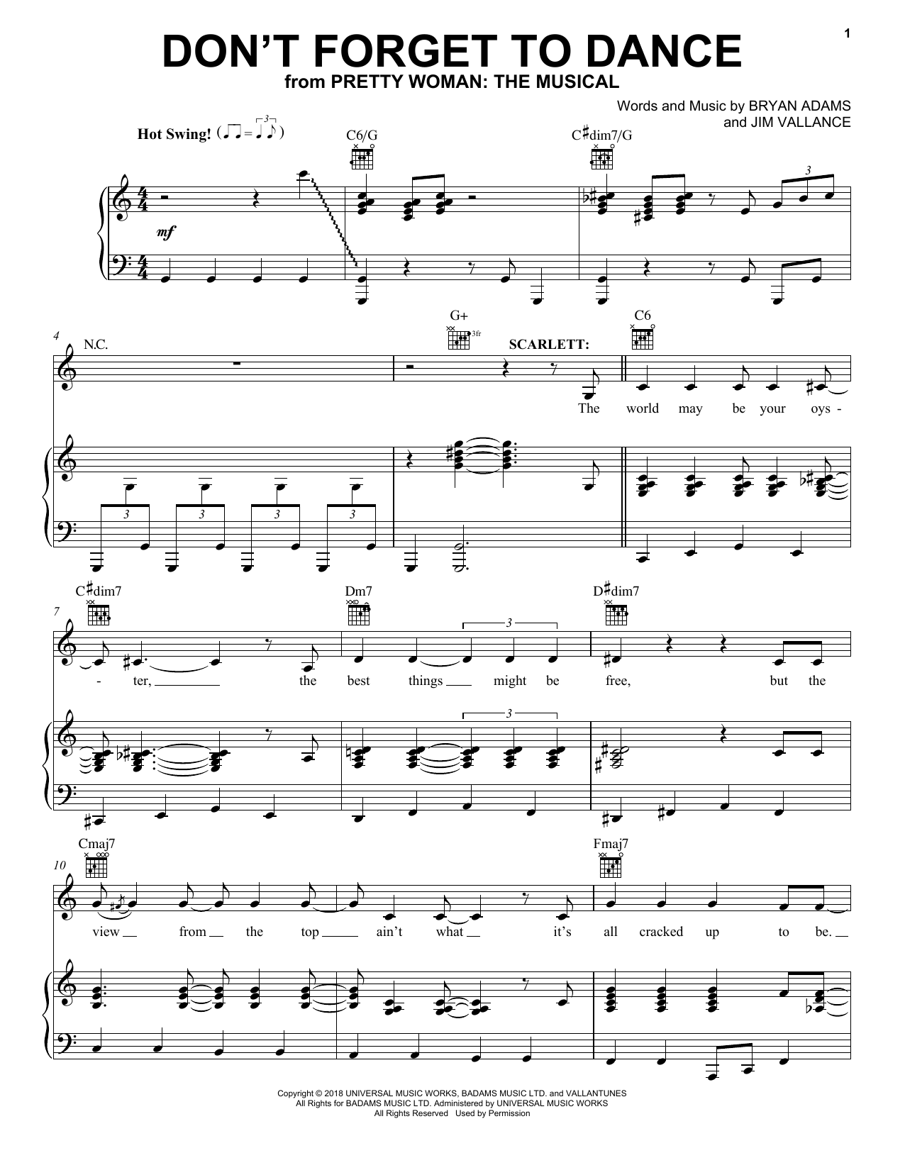 Bryan Adams & Jim Vallance Don't Forget To Dance (from Pretty Woman: The Musical) Sheet Music Notes & Chords for Piano, Vocal & Guitar (Right-Hand Melody) - Download or Print PDF