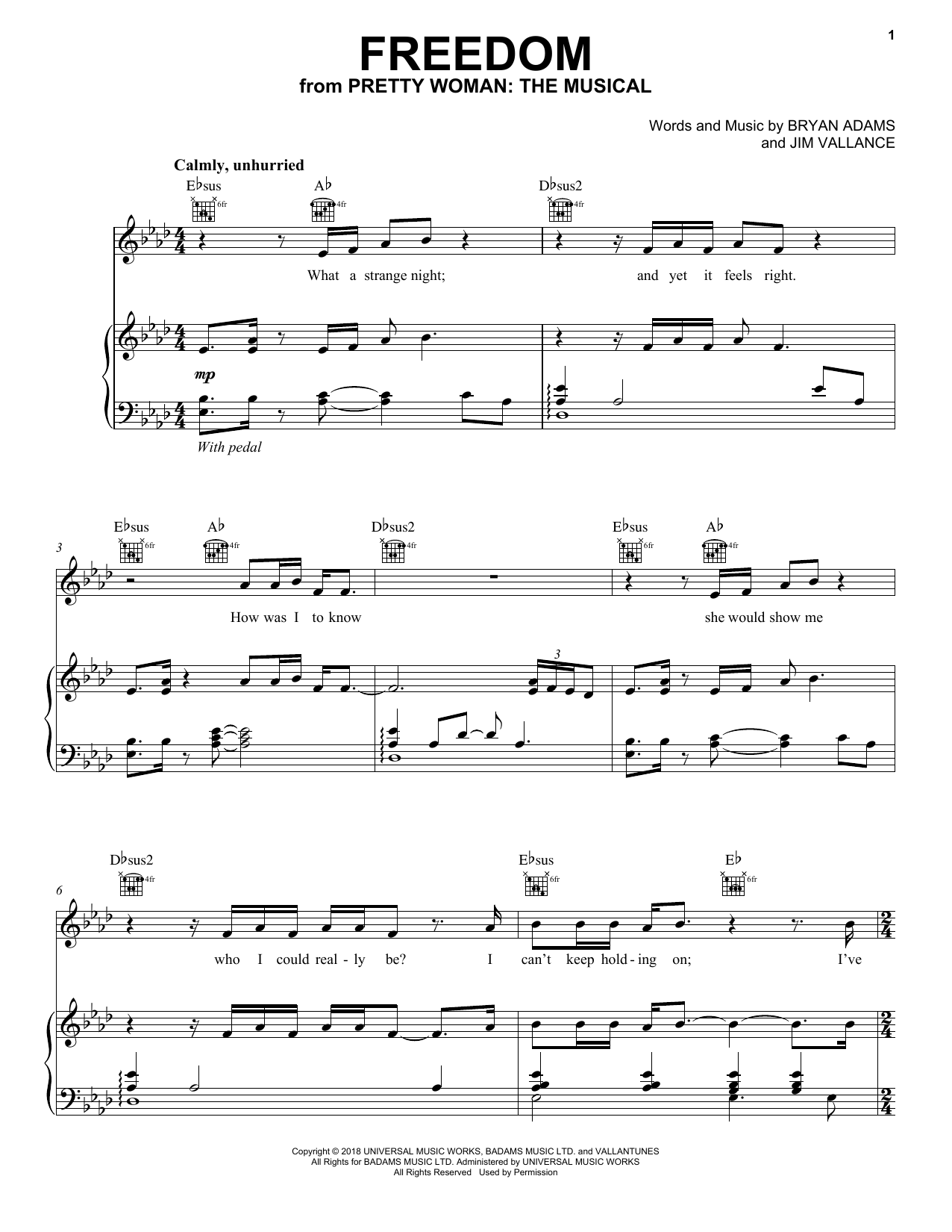 Bryan Adams & Jim Vallance Freedom (from Pretty Woman: The Musical) Sheet Music Notes & Chords for Piano, Vocal & Guitar (Right-Hand Melody) - Download or Print PDF