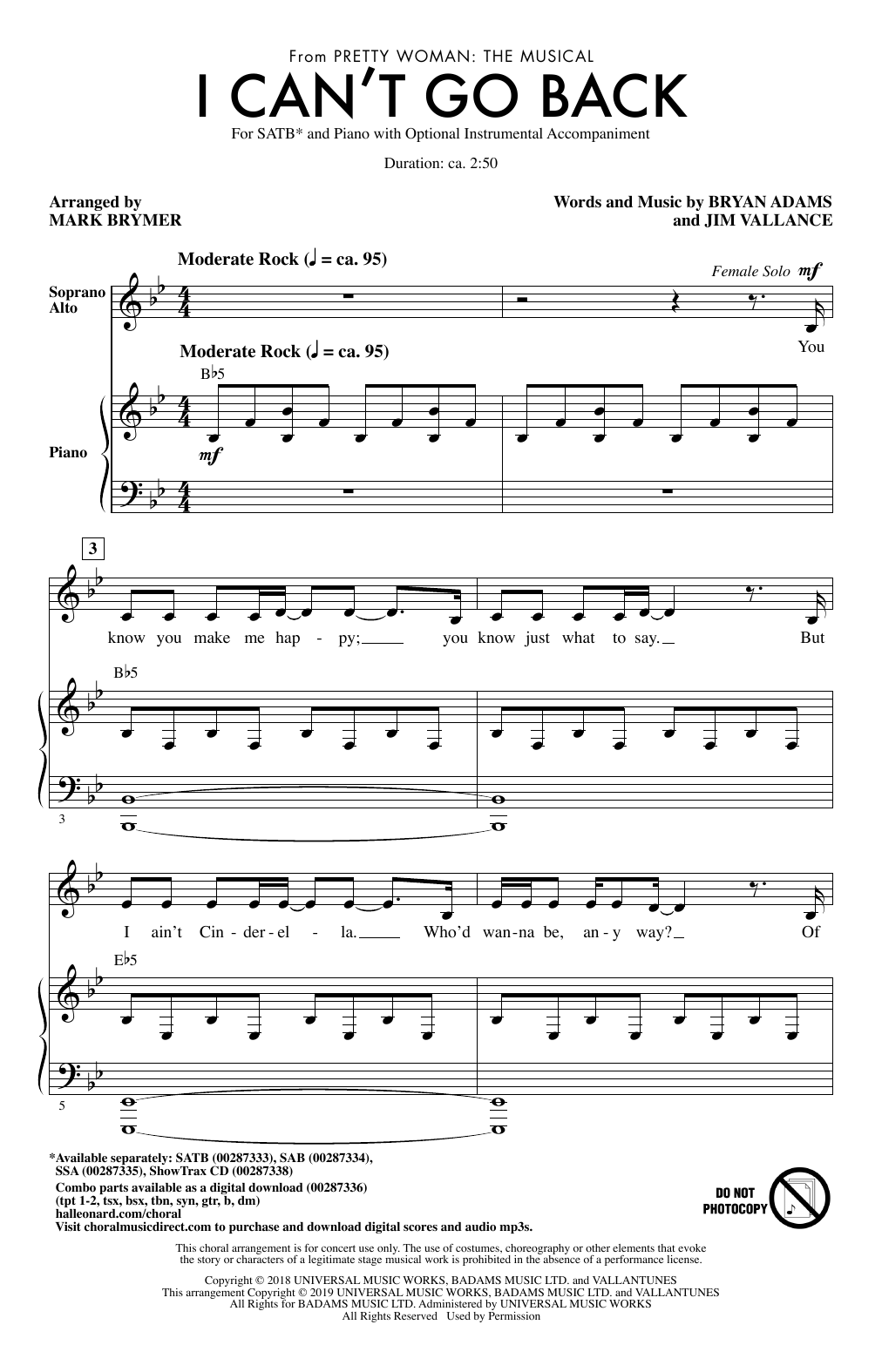 Bryan Adams & Jim Vallance I Can't Go Back (from Pretty Woman: The Musical) (arr. Mark Brymer) Sheet Music Notes & Chords for SSA Choir - Download or Print PDF