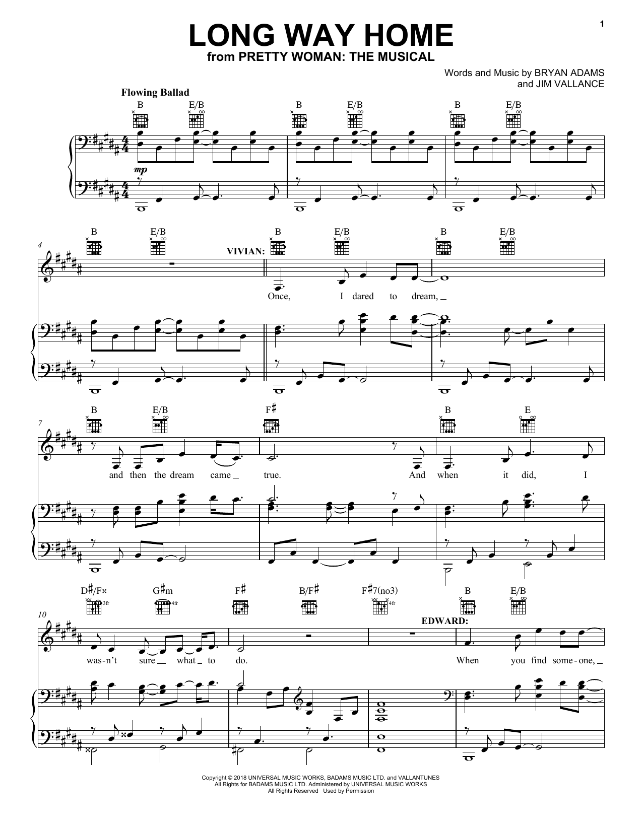 Bryan Adams & Jim Vallance Long Way Home (from Pretty Woman: The Musical) Sheet Music Notes & Chords for Piano, Vocal & Guitar (Right-Hand Melody) - Download or Print PDF