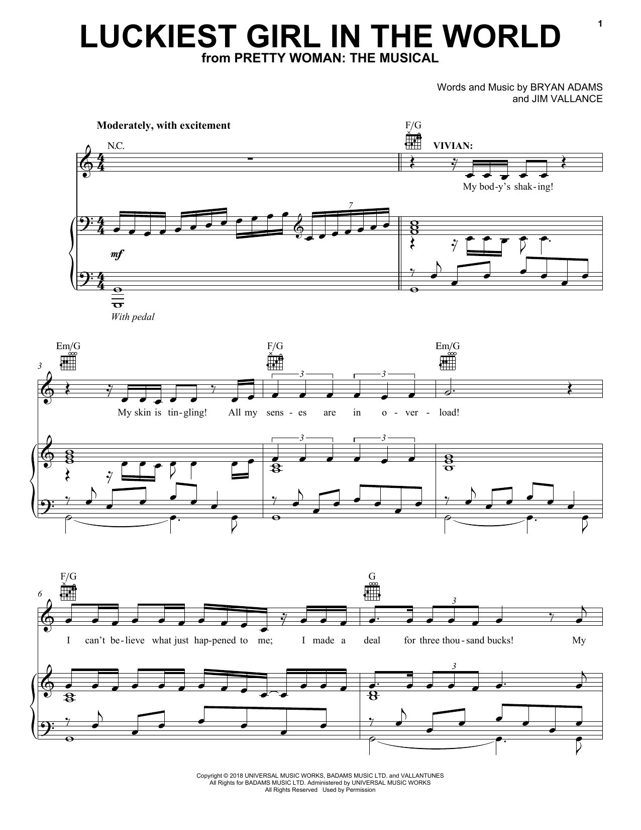 Bryan Adams & Jim Vallance Luckiest Girl In The World (from Pretty Woman: The Musical) Sheet Music Notes & Chords for Piano, Vocal & Guitar (Right-Hand Melody) - Download or Print PDF