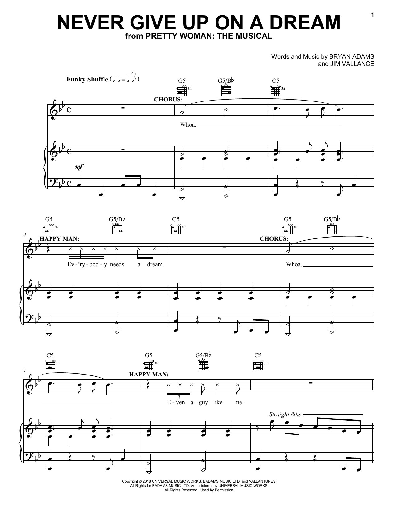 Bryan Adams & Jim Vallance Never Give Up On A Dream (from Pretty Woman: The Musical) Sheet Music Notes & Chords for Piano, Vocal & Guitar (Right-Hand Melody) - Download or Print PDF