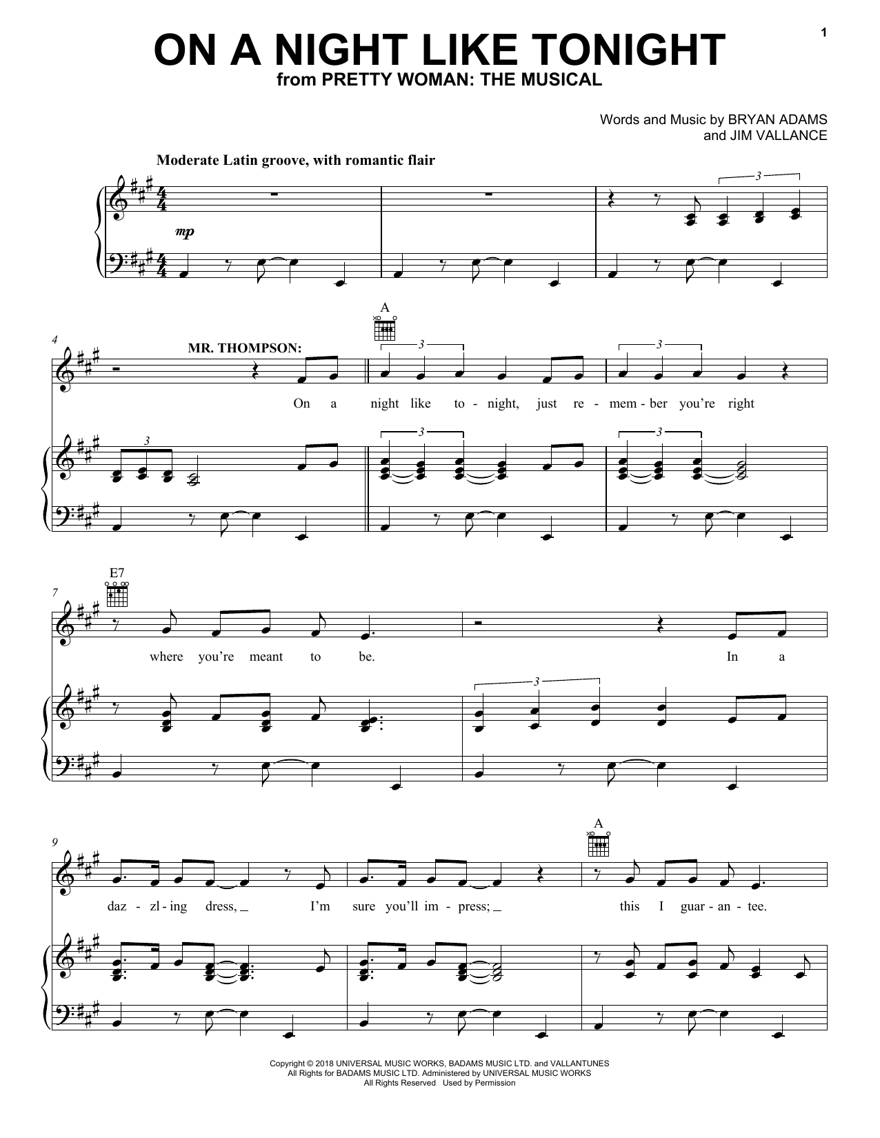 Bryan Adams & Jim Vallance On A Night Like Tonight (from Pretty Woman: The Musical) Sheet Music Notes & Chords for Piano, Vocal & Guitar (Right-Hand Melody) - Download or Print PDF