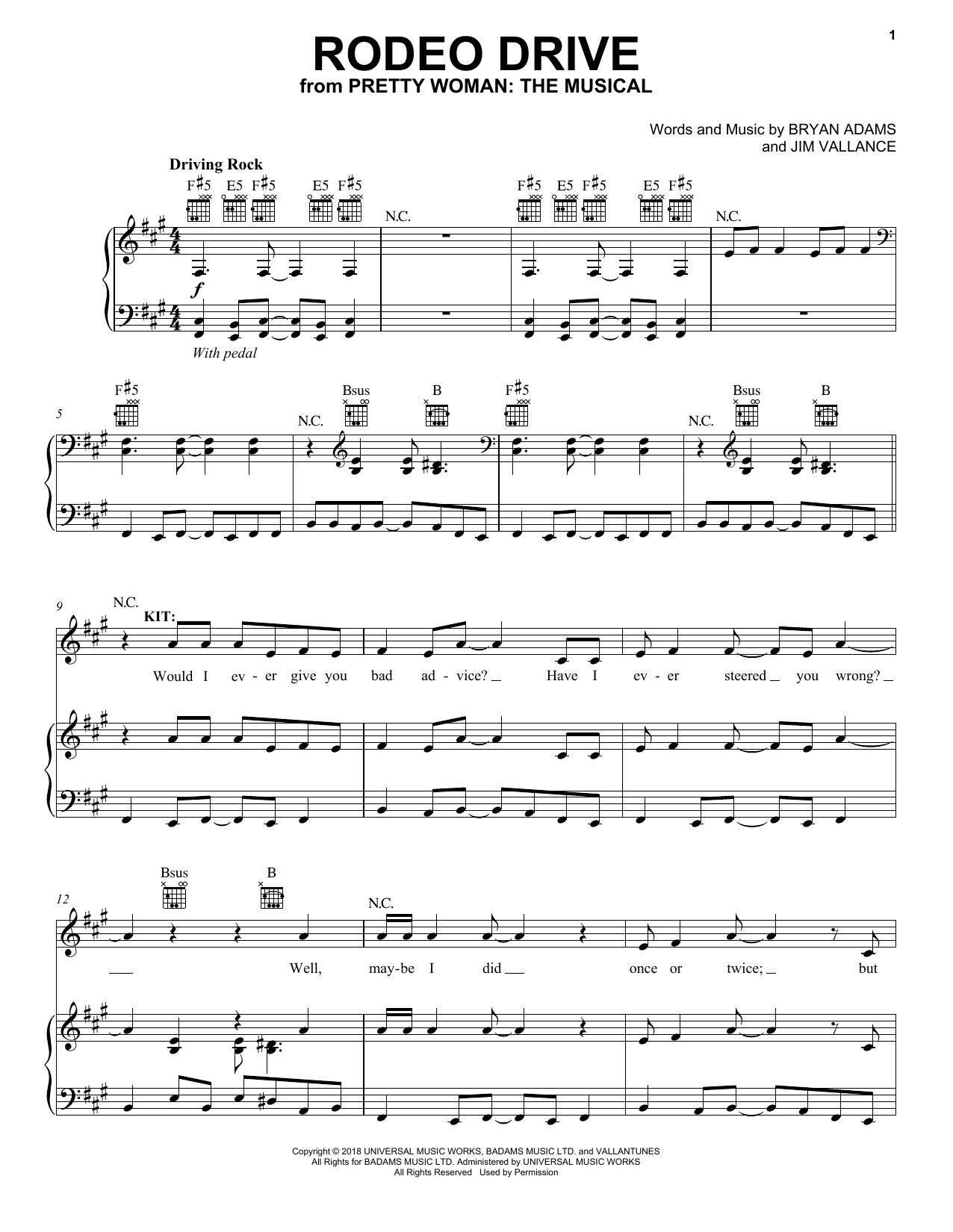 Bryan Adams & Jim Vallance Rodeo Drive (from Pretty Woman: The Musical) Sheet Music Notes & Chords for Piano, Vocal & Guitar (Right-Hand Melody) - Download or Print PDF