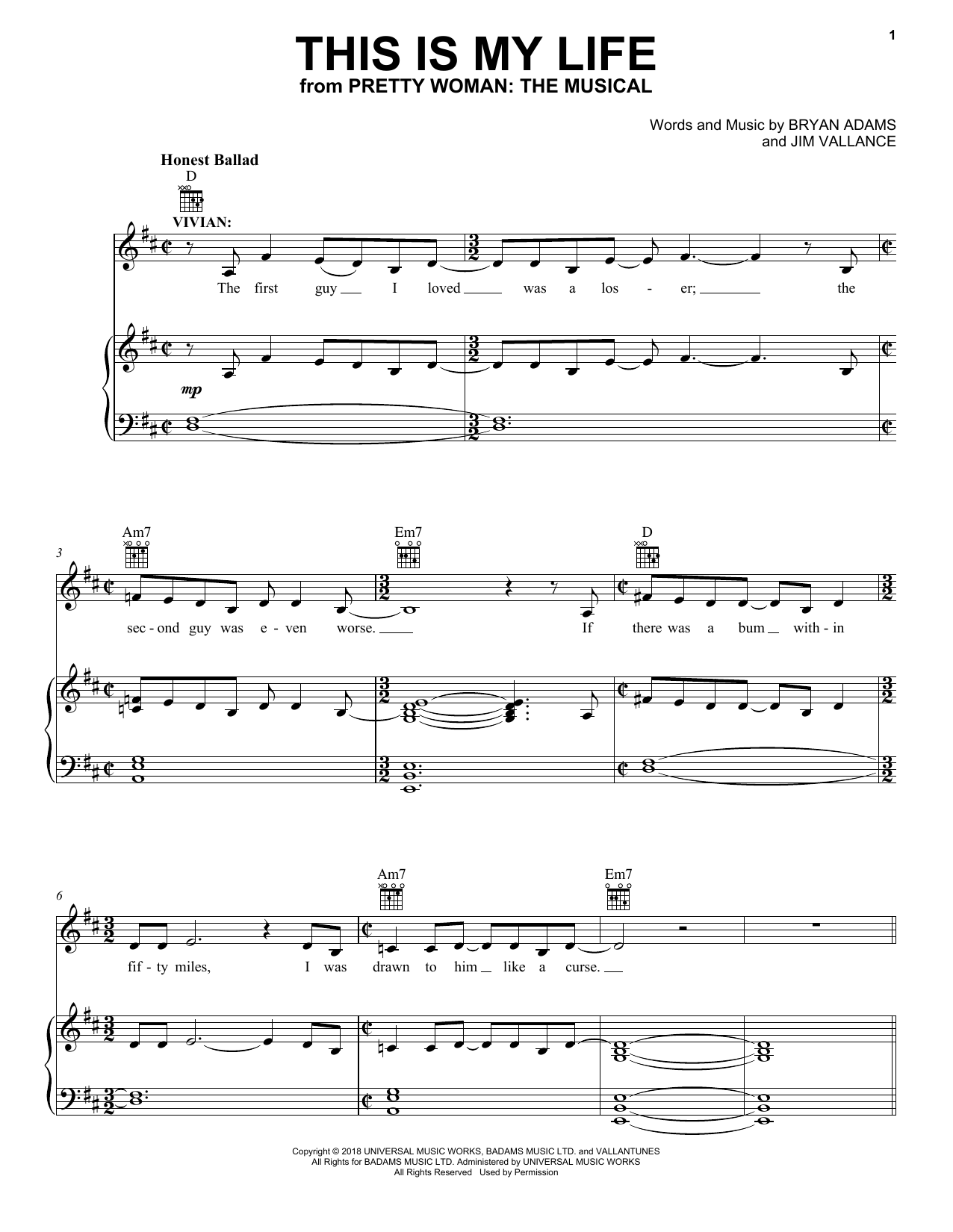 Bryan Adams & Jim Vallance This Is My Life (from Pretty Woman: The Musical) Sheet Music Notes & Chords for Piano, Vocal & Guitar (Right-Hand Melody) - Download or Print PDF