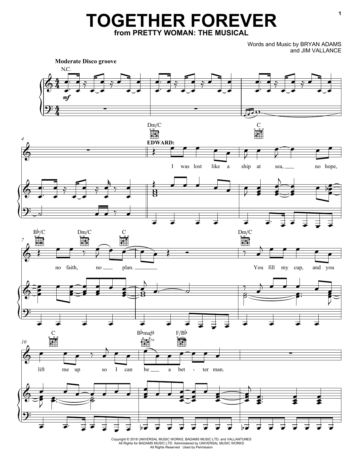 Bryan Adams & Jim Vallance Together Forever (from Pretty Woman: The Musical) Sheet Music Notes & Chords for Piano, Vocal & Guitar (Right-Hand Melody) - Download or Print PDF