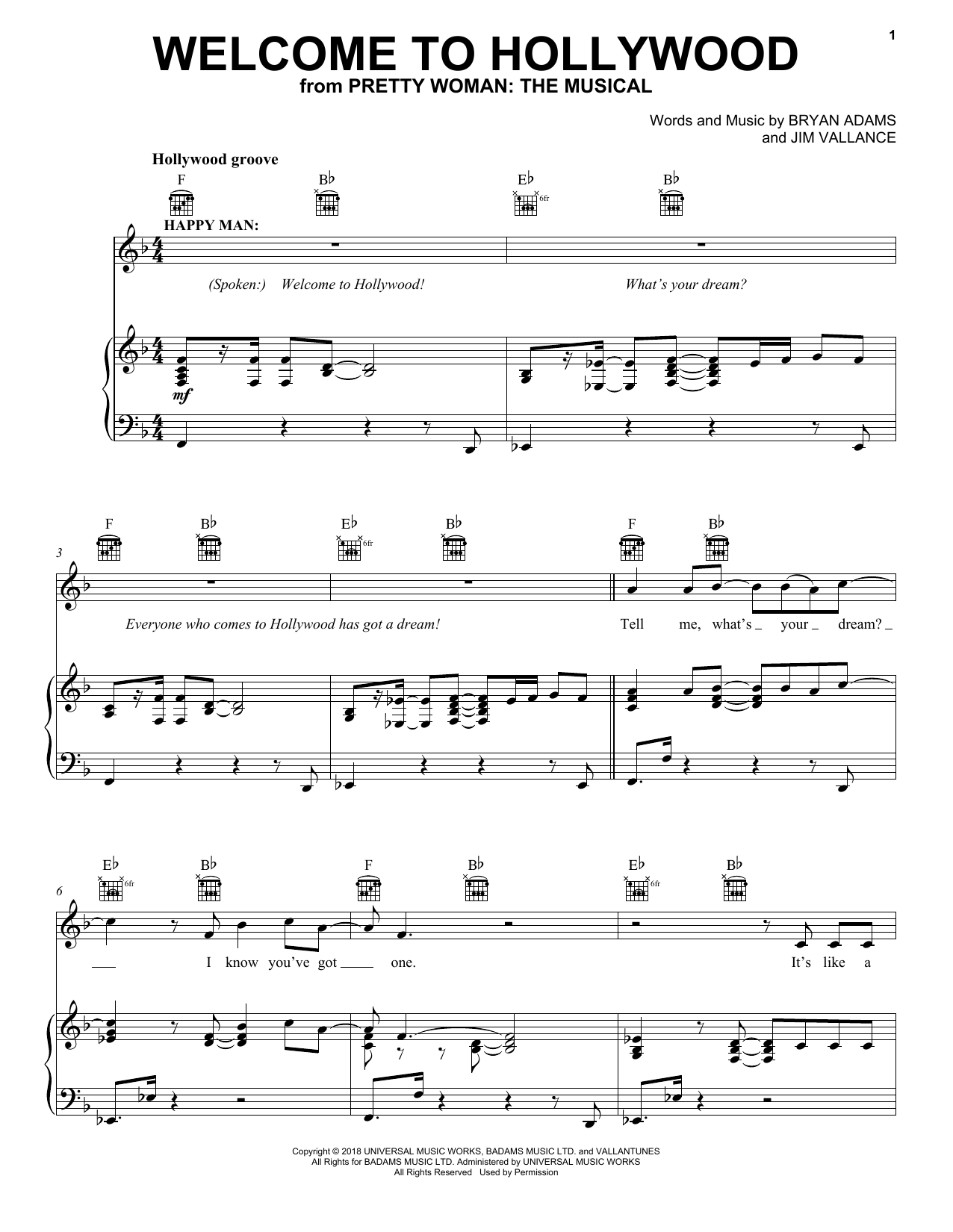 Bryan Adams & Jim Vallance Welcome To Hollywood (from Pretty Woman: The Musical) Sheet Music Notes & Chords for Piano, Vocal & Guitar (Right-Hand Melody) - Download or Print PDF
