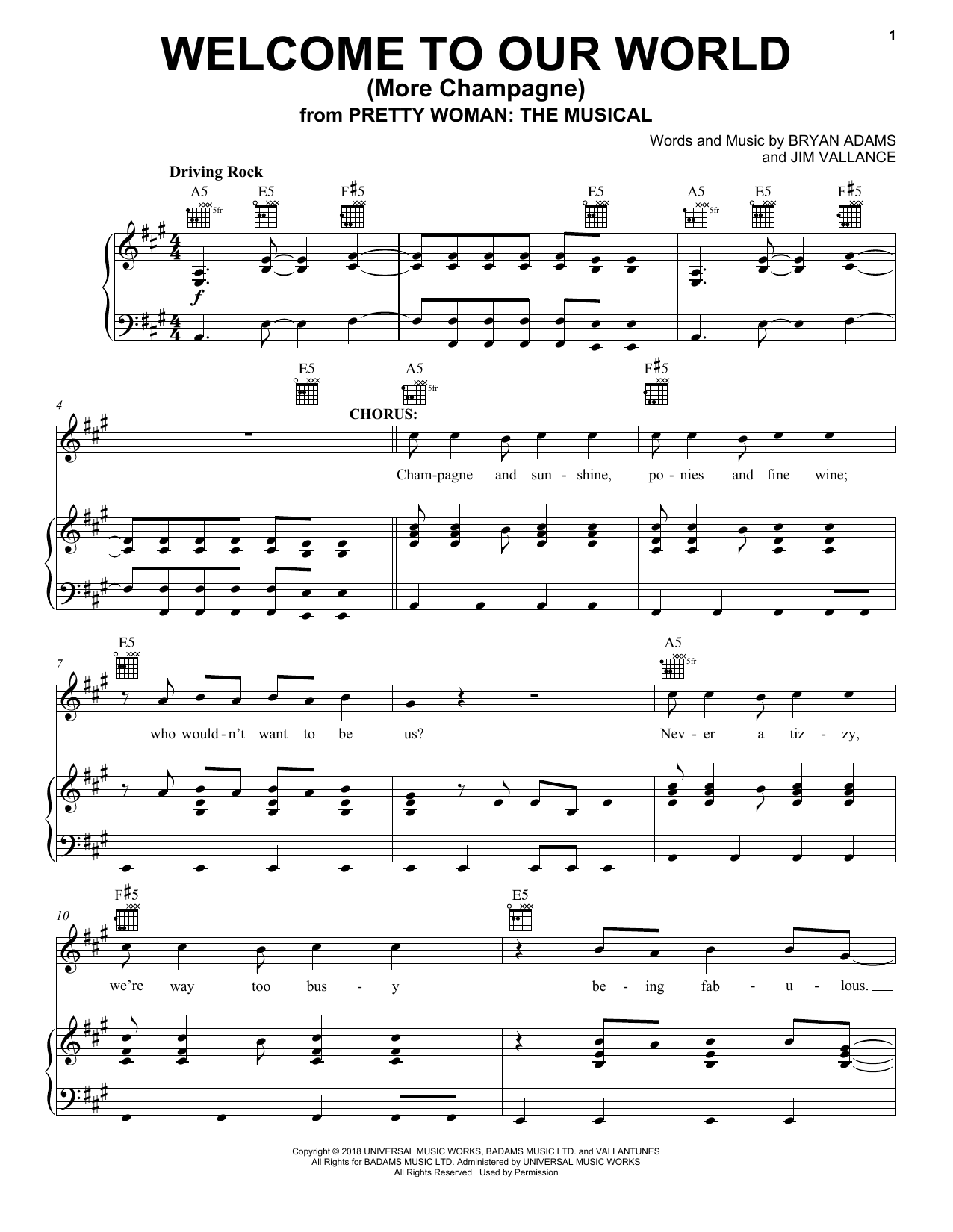 Bryan Adams & Jim Vallance Welcome To Our World (More Champagne) (from Pretty Woman: The Musical) Sheet Music Notes & Chords for Piano, Vocal & Guitar (Right-Hand Melody) - Download or Print PDF