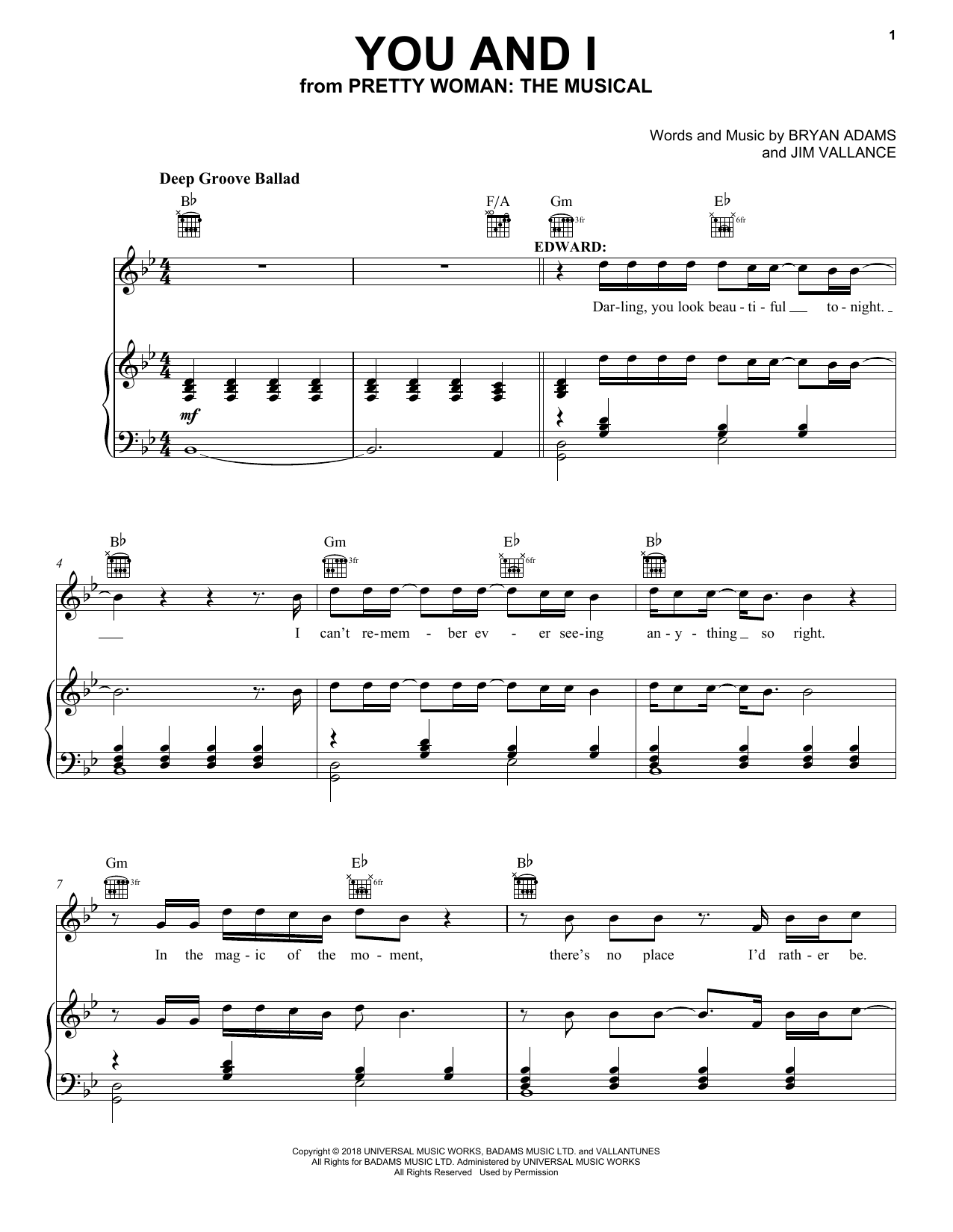 Bryan Adams & Jim Vallance You And I (from Pretty Woman: The Musical) Sheet Music Notes & Chords for Piano, Vocal & Guitar (Right-Hand Melody) - Download or Print PDF