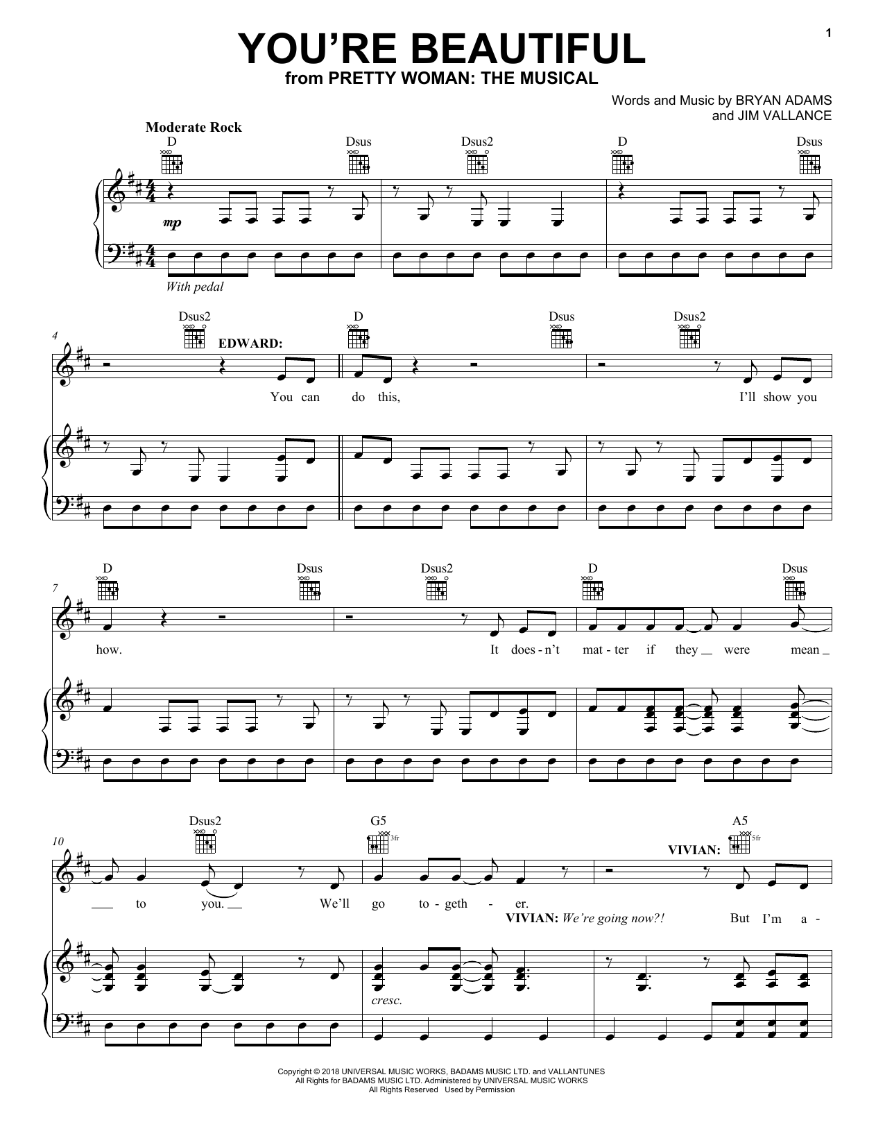 Bryan Adams & Jim Vallance You're Beautiful (from Pretty Woman: The Musical) Sheet Music Notes & Chords for Piano, Vocal & Guitar (Right-Hand Melody) - Download or Print PDF