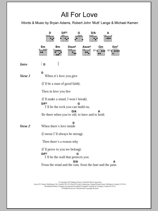 Bryan Adams All For Love Sheet Music Notes & Chords for Lyrics & Chords - Download or Print PDF