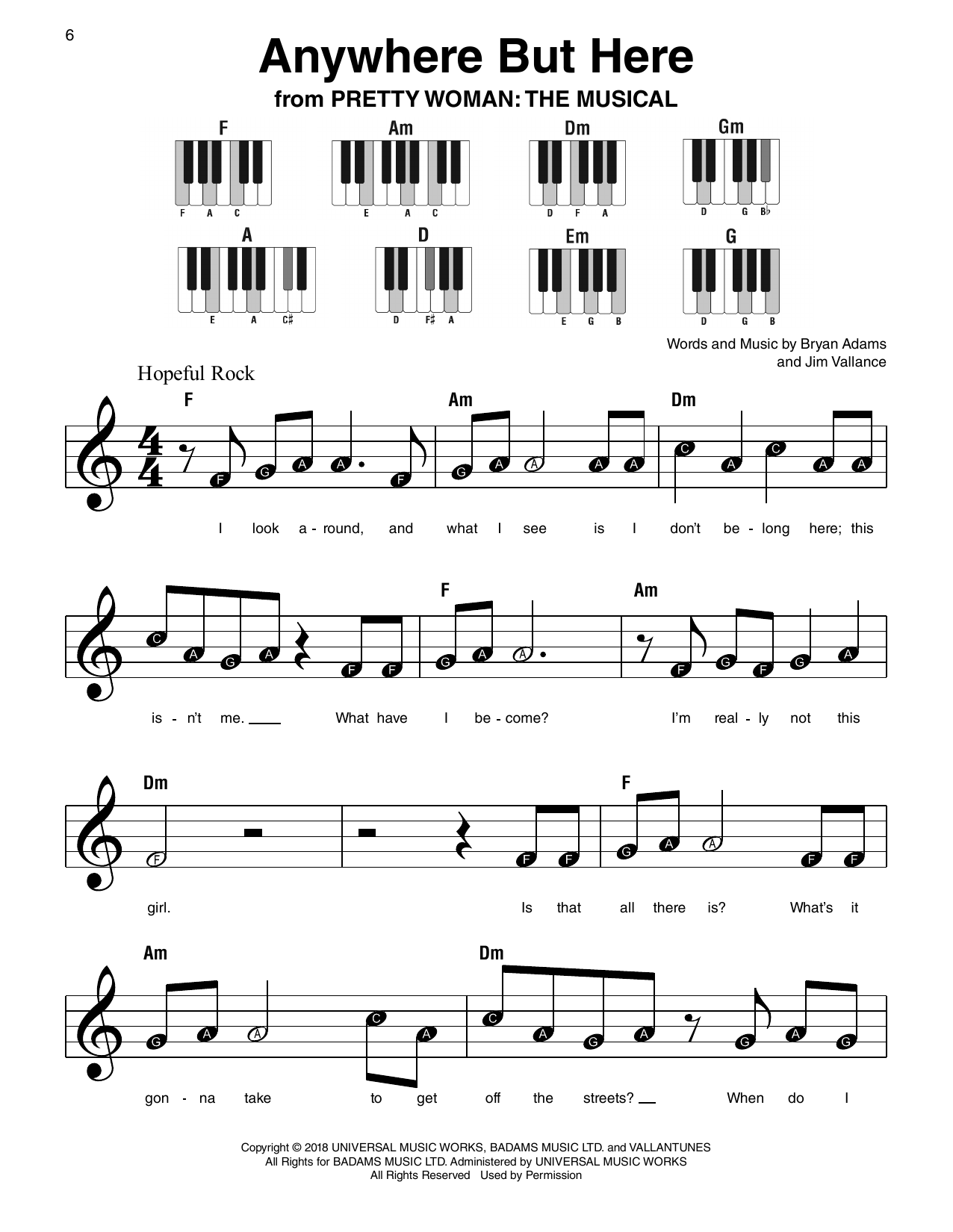 Bryan Adams Anywhere But Here (from Pretty Woman: The Musical) Sheet Music Notes & Chords for Super Easy Piano - Download or Print PDF