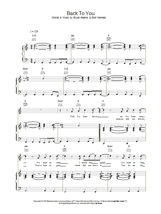 Bryan Adams Back To You sheet music notes and chords. Download Printable PDF.