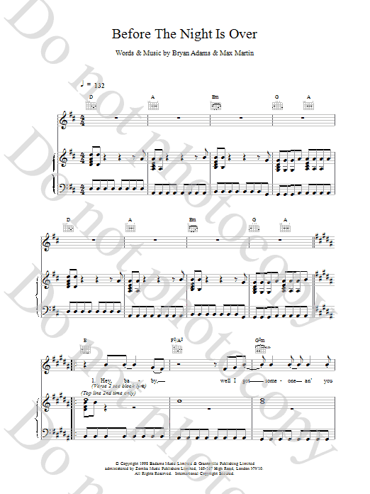 Bryan Adams Before The Night Is Over Sheet Music Notes & Chords for Piano, Vocal & Guitar - Download or Print PDF