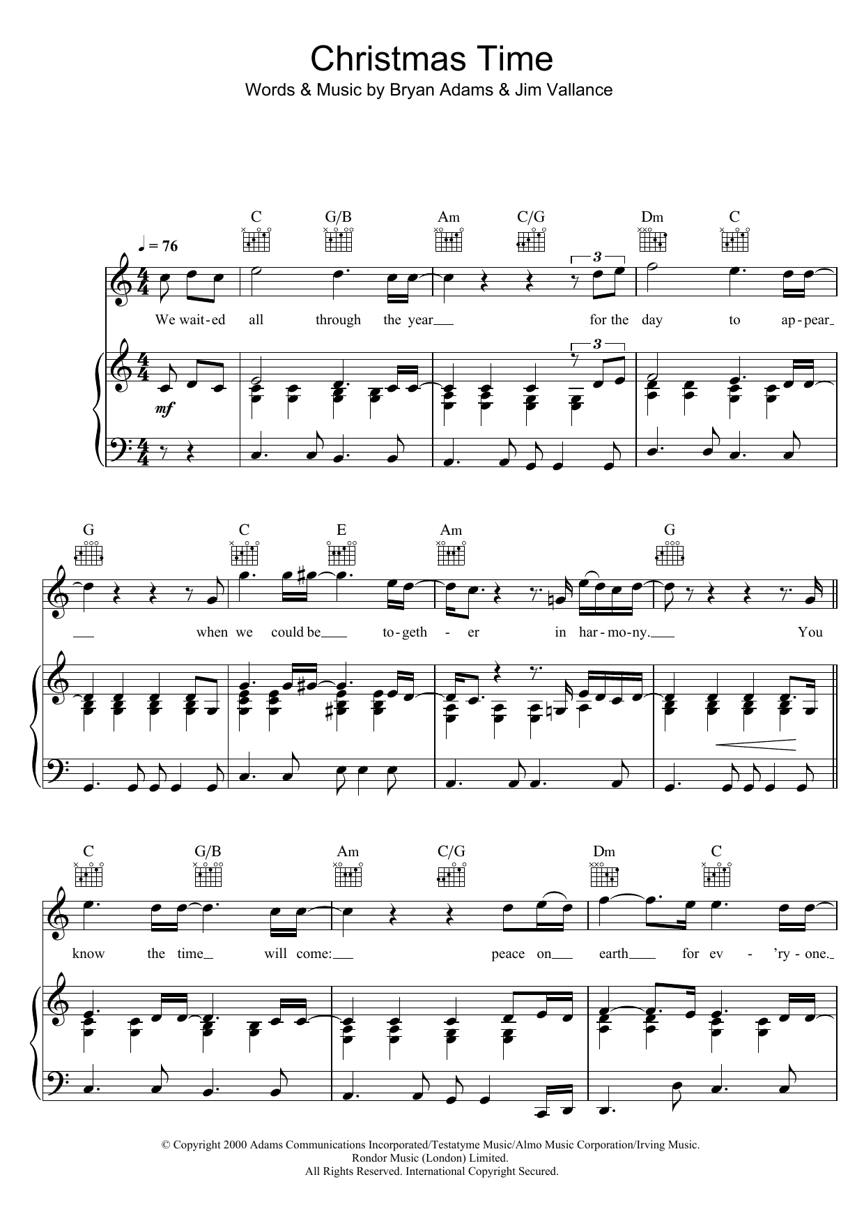 Bryan Adams Christmas Time Sheet Music Notes & Chords for Piano, Vocal & Guitar (Right-Hand Melody) - Download or Print PDF