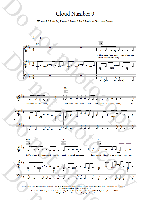 Bryan Adams Cloud Number Nine Sheet Music Notes & Chords for Lyrics & Chords - Download or Print PDF