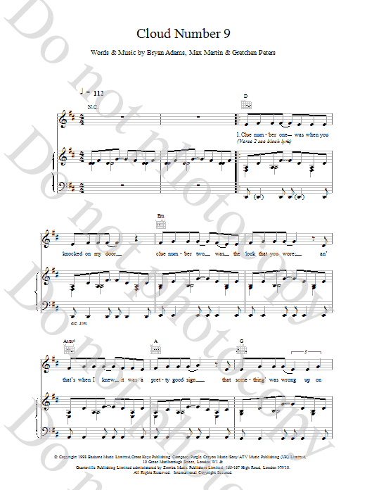 Bryan Adams Cloud Number Nine sheet music notes and chords. Download Printable PDF.